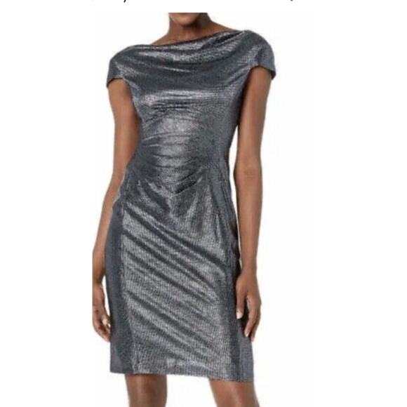 Tahari Draped Cowl Neck Metallic Blue/black Cocktail Dress Woman's Size 14 - Picture 10 of 10